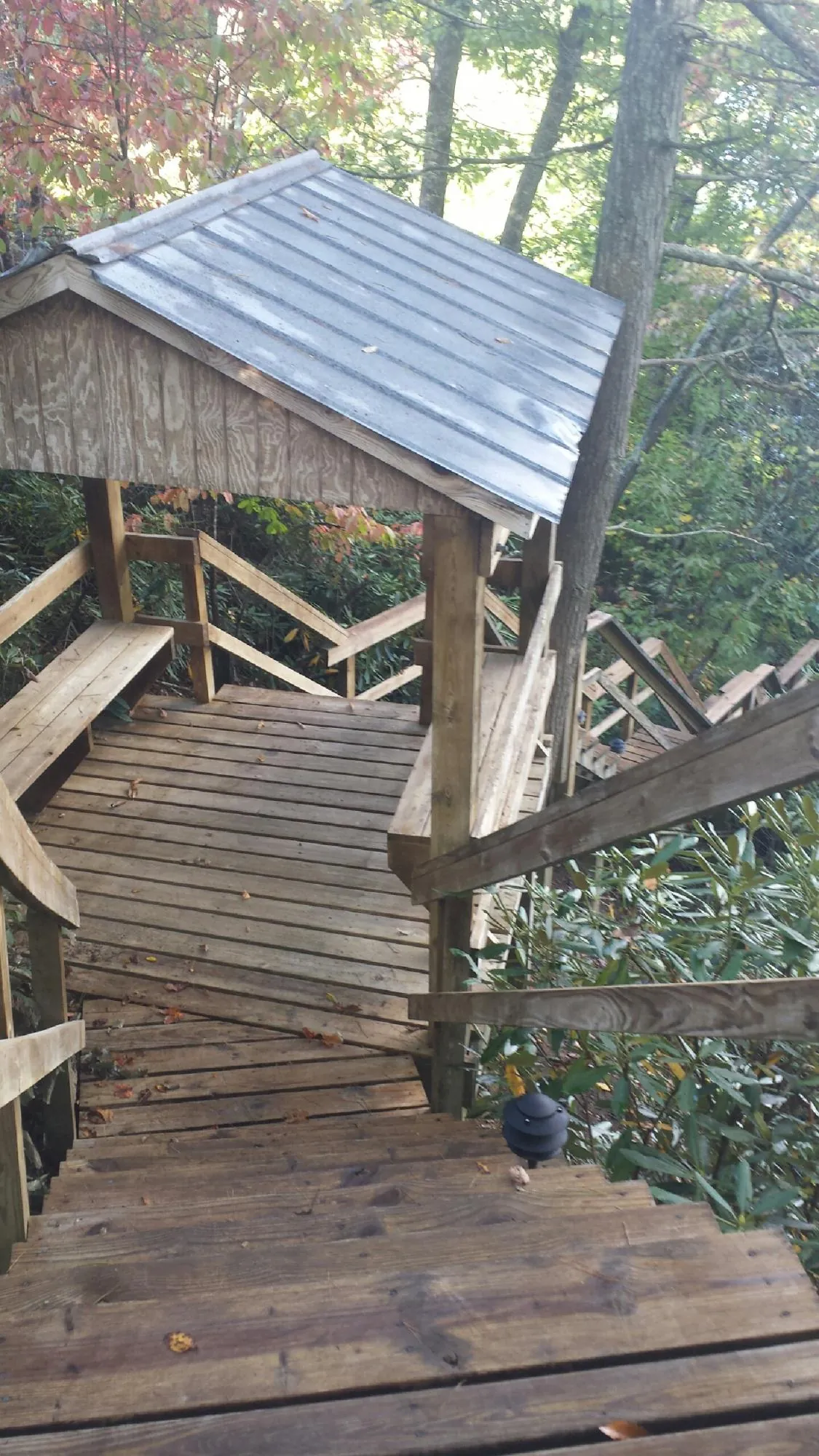 Metal roofed shelter over wooden steps on a wooded walkway — Skylight Repair & Installation work by our crew in Sale Creek